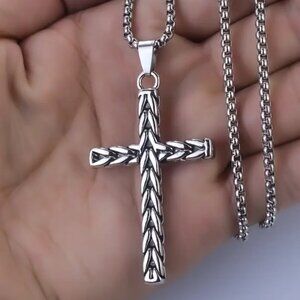 925 Silver Mens 24" Chain Link Cross Crucifix Necklace Guys Christian Jewelry